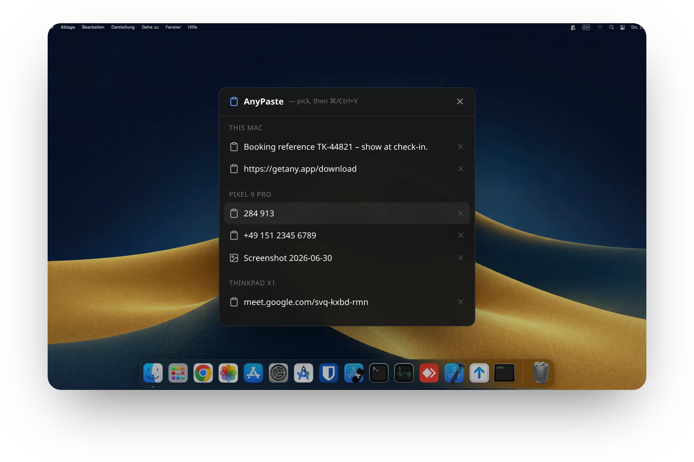 The same entry in the AnyPaste history on the desktop